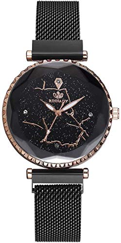 Damenuhr Quarz-Armbanduhr mit rundem Zifferblatt Planisphere Sternenhimmel-Uhr mit magnetischer Schnalle für Elegante Frauen, Schwarz