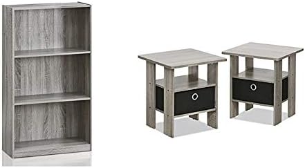 Furinno Basic 3-Tier Bookcase Storage Shelves, French Oak Grey & Andrey Set of 2 End Table/Side Table/Night Stand/Bedside Table with Bin Drawer, French Oak Grey