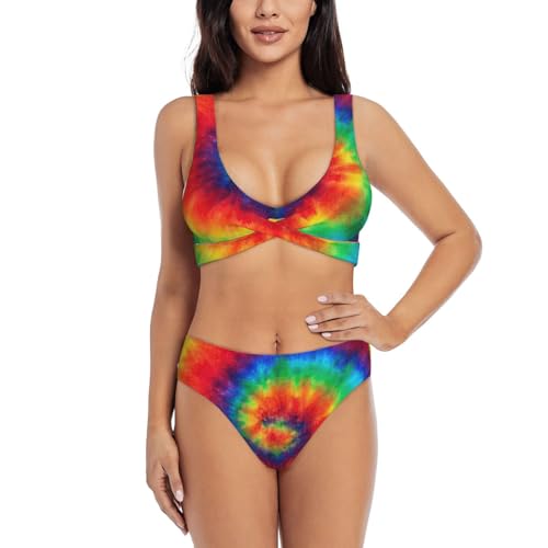 Bikini deux pièces femme imprimé arc-en-ciel confortable pour maillot de bain plage et piscine