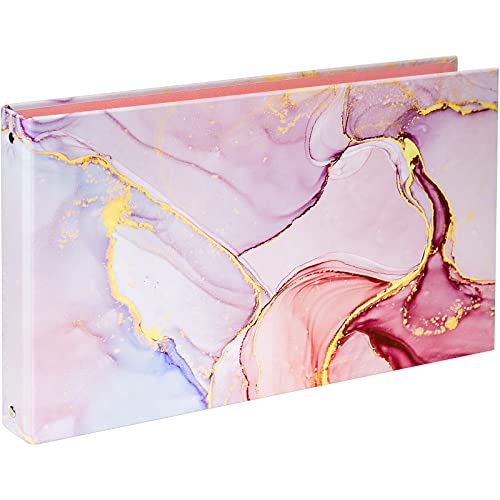 Legal-Size Pink Marble Binder for 8.5 x 14 Sleeve and Paper 3-Ring 1-Inch Landscape Spreadsheet Binder with Elastic Cord Ring Spacing 2.76in