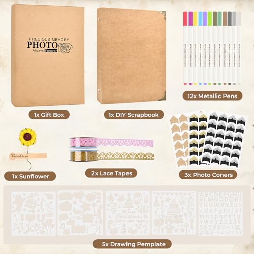 Álbum de fotos DIY para scrapbooking, tapa dura kraft, tamaño 8,3" x 10,5", 60 páginas, con pegamento de encaje, plantillas y pegamentos para esquinas, color caqui miniatura 2