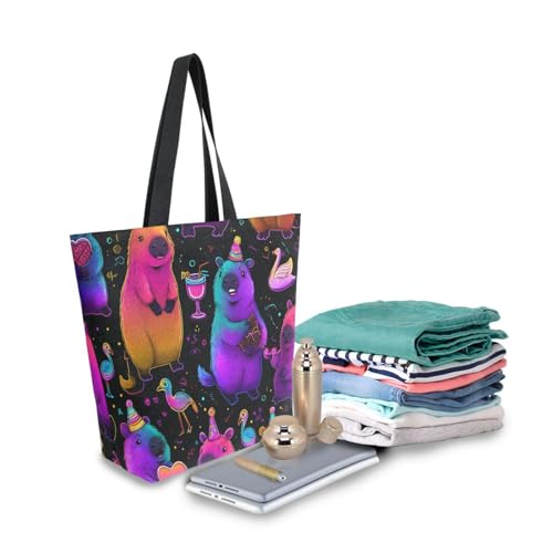 Extra Large Shoulder Tote Bag for Beach Travel Weekender Gym Capybara Colorful Pattern Purple Reusable Grocery Canvas Shopping Bag3