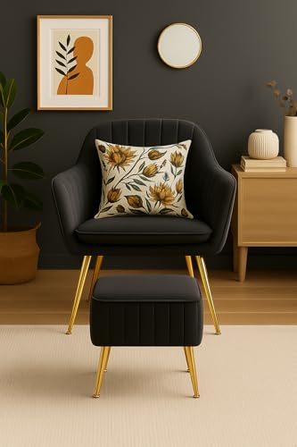 Image of Velvet Accent Chair with Matching Pouffe & Floral Cushion | Modern Upholstered Armchair with Gold Metal Legs | Lounge Chair for Living Room, Bedroom, Office, Guest Room (Dark Grey)