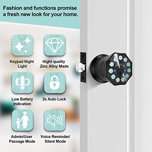 Door Knob With Keypad And Key, Keyless Entry Door Lock,Smart Digital Knob Unlock By Passcode/Keys/Usb Backuplock,Electronic Door Knob For Home Bedroom Apartment Garage Office Security,Black #TOP2