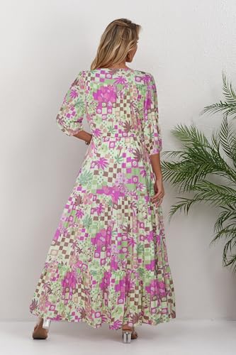 Image of Women Short Sleeve V Neck Floral Print Casual Bohemian Maxi Dresses