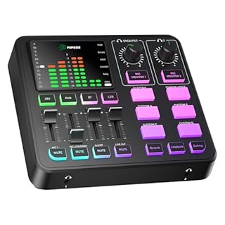 PUPGSIS Gaming Audio Mixer, Audio Interface for PC/Podcast/Streaming, Sound Board with 3.5mm/XLR Mic Input, 48V Phantom Power, Voice Changer, Live Sound Card with DJ Mixer Effects/Bluetooth/4 Channel