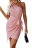 Merkmale: Eine Schulter, ärmellos, Einfarbig, Asymmetrischer Saum, Mit Gürtel, Kurz, Elegant, Sexy, Mode, Ruched Bodycon Kleid.