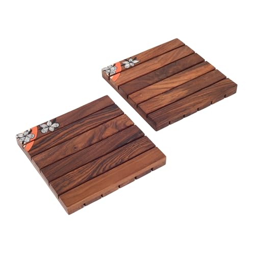 Image of AAKRITI ART CREATIONS Breezey Blossom Coaster | Wooden Coaster Set of 2 | Decorative Coaster Matte Finish | Floral Art Wooden Handcrafted Coasters | Brown Wooden Coaster Set, Hand Painted