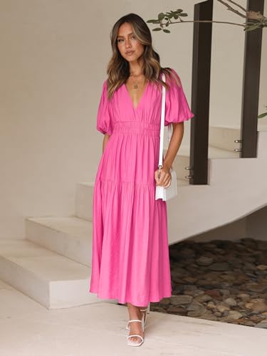 Image of Women's Summer Deep V Neck Puff Short Sleeve Tiered Maxi Dress Flowy A Line Long Dresses
