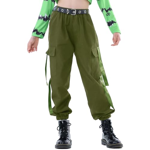 Image of Rolanko Girls Cargo Pants for Kids Loose Streetwear Hip Hop Dance Cotton Cargo Jogger Pants for Kids 4-15 Years