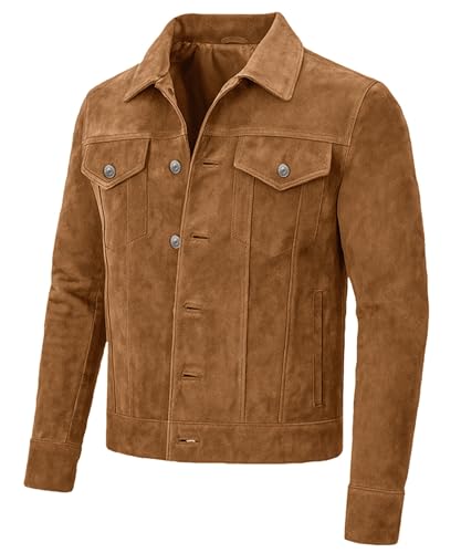 Men's Soft Suede Leather Trucker Jacket Western Style Cowboy Shirt Collar Genuine Leather Suede Jackets For Men4