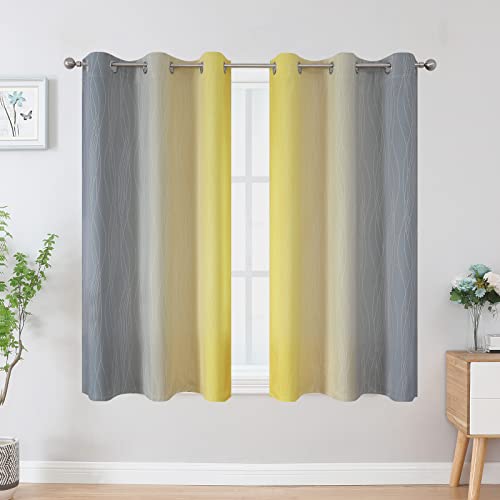 Ombre Gray and Yellow Blackout Curtains 45 Inch Length 2 panels, Full Room Darkening Curtains for Kids Room, Grommet Thermal Insulated Gradient Drapes, Light Blocking Curtains for Bedroom, 42x45 Inch