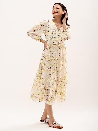 Image of AASK Abstract Printed Puff Sleeve Gathered Detailed Fit Flare Dress