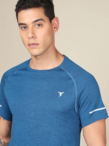 Image of TECHNOSPORT Men's Melange Slim Fit Round Neck T-Shirt Double Cool Raglan Sleeve Slip On Polyester for Gym Running Workout UPF50+ Anti Odour