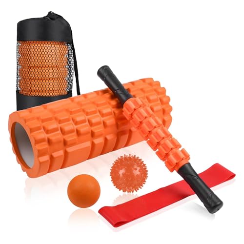 Aucuu 6 in 1 Foam Roller Set Includes Hollow Core Massage Roller, Yoga Stick, Massage Ball, Fitness Stretching Strap, Carrying Bag, Towel, Massage Roller (Orange)