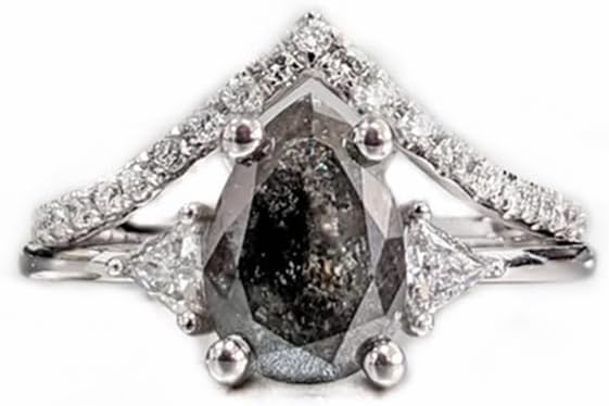 S925 10k 14k 18k White Gold 1.75 Carat Pear Shaped Salt and Pepper Diamond Engagement Ring Set for Women, Unique Black Natural Herkimer Diamond & Moissanite Bridal Set Wedding Ring Set for Her