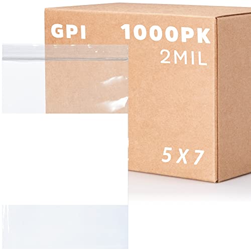 GPI 1000 5x7 clear reclosable plastic bags with white label block