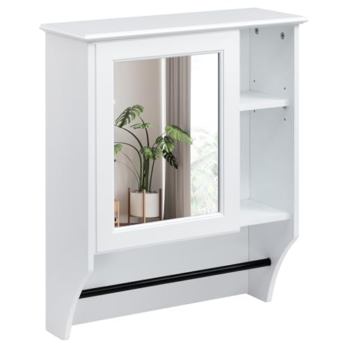 HollyHOME Mobiletto per il bagno con specchio a una anta e ripiano regolabile, mobiletto per medicinali a parete, mobiletto portaoggetti in legno con barra portasciugamani, bianco (50x19,5x61,5 cm)