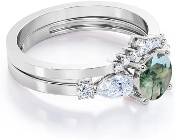 Vintage Fairytale Chevron 1.3 carat Round cut Moss Green Agate and CZ wedding ring set in 9 Natural Moss Agate Ring And Engagement Wedding Promise Ring Jewelry Gift for Women