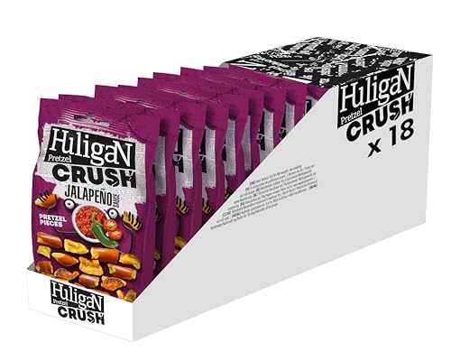 Huligan Jalapeño Pretzels Crush (paquete de 18 x 65 g) – Pretzel horneado delgado aperitivos salados a granel saludable caja de aperitivos vegetarianos jalepenos crujientes paquete múltiple (paquete