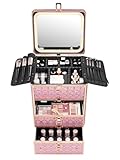 Makeup Box with Double Drawers and A Detachable Lighted Mirror, Waterproof Travel Train Case, Cosmetic Organizer and Makeup Suitcase with Adjustable Dividers, Magnetic LED Mirror (Sparkling Pink)