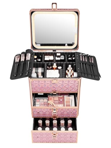 Qislee Makeup Box with Detachable Magnetic LED Mirror, Travel Train Case