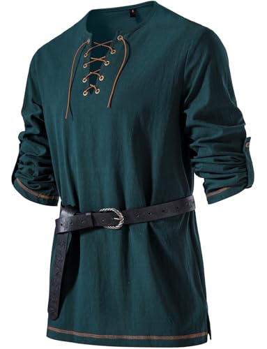 JEMITOP Men's Renaissance Costume Retro Lace Up Shirts for Pirate Viking Medieval Vampire Halloween Cosplay Without Belt Dark Green M