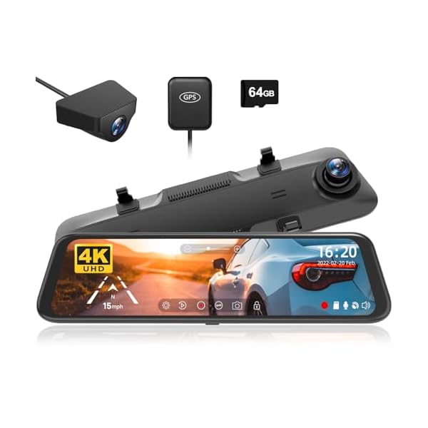 WOLFBOX G850 12″ 4K Rear View Mirror Camera with 5.8GHz WiFi and Voice Control, Smart Mirror Dash Cam Front and Rear, Backup Camera with 1080P Rear Camera, Dash Cam with WDR, Includes 64GB Card & GPS