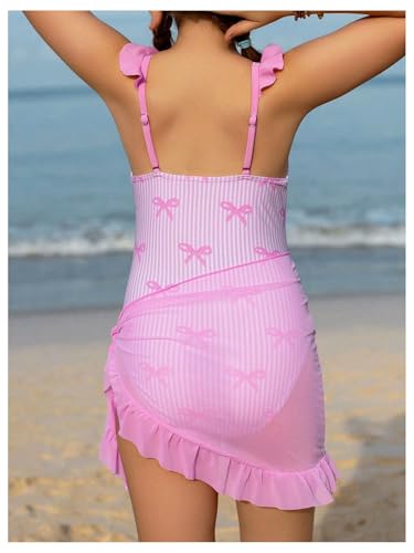 Floerns Girl's One Piece Swimsuit Cute Bow Striped Print Bating Suit with Beach Cover Up Skirt2