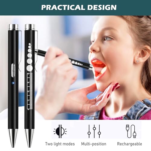 3PC Diagnostikleuchte Medizinische, Pupillenleuchte Medizin, Wiederaufladbare LED Pupillenleuchte mit USB-Kabel, Medizinische Pupillenleuchte mit Pupillenmessgerät & Lineal & Beschreibbarer Mine