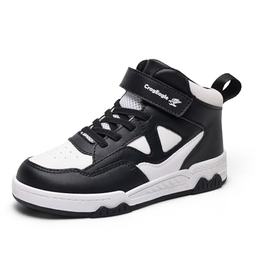 Kids Sneakers for Boys Girls High Top Skate Shoes Unisex-Child Casual Shoes Lightweight Breathable Non-Slip Athletic Boys Fashion Shoes (Black White, Big Kid, 3, Numeric, US Footwear Size System, Medium)