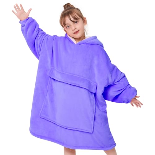 yescool Wearable Blanket Kids Hoodie, Birthday Teen Girls Gifts for 8-15 Year Old Kids Oversized Sweatshirt Sherpa Flannel Cozy Hooded Blanket with Pocket for Children, Youth Teens, One Size, Purple