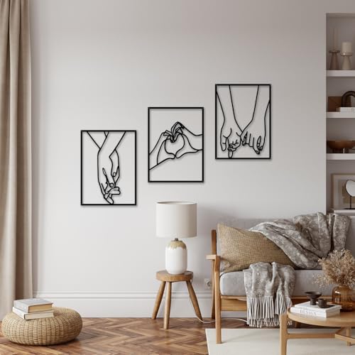3 Pcs Minimalist Heart Hands Black Metal Wall Decor Single Line Wall Art Abstract Metal Wall Art Decor for Bedroom Livingroom,Bathroom,Decor for Couples