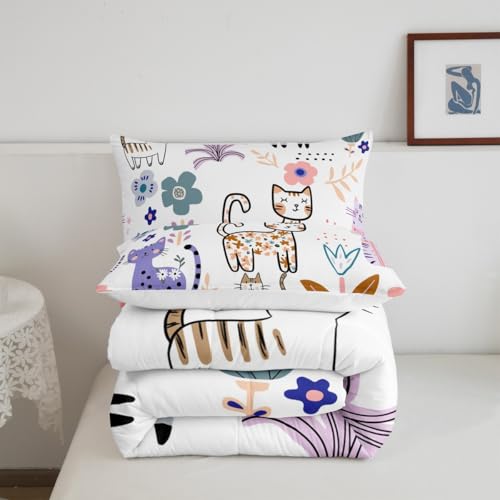 Image of Feelyou Cartoon Cat Comforter Set Full, Cute Kitten Comforter Set Cats and Flowers Comforter for Kids Boys Girls Teens Pet Cats Duvet Set Lightweight Quilt Set