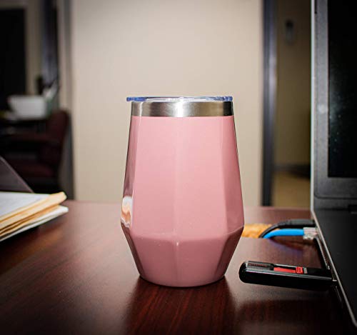 Insulated Stainless Steel Tumblers [2 Pack] - Homemakr 12 oz Diamond-Shaped Cups for Wine, Coffee, Tea, Ice-Cream, Juices, Cocktails | Stemless, Reusable Glasses with Metal Straws and Sliding Lids (Shiny White and Pink)