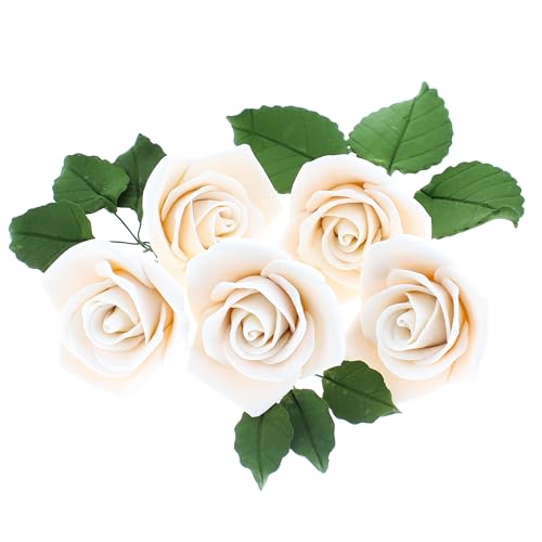 Global Sugar Art Peace Rose Ivory Sugar Cake Flowers 5 Count with Leaves by Chef Alan Tetreault