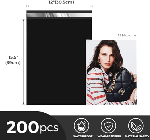 Image of Metronic Poly Mailers 12x15.5 200 Pack Shipping Bags for Clothes Black | Strong Self-Seal Mailers Poly Bags Shipping Envelopes Tear-resistant Waterproof Package Mailing Bags for Small Business