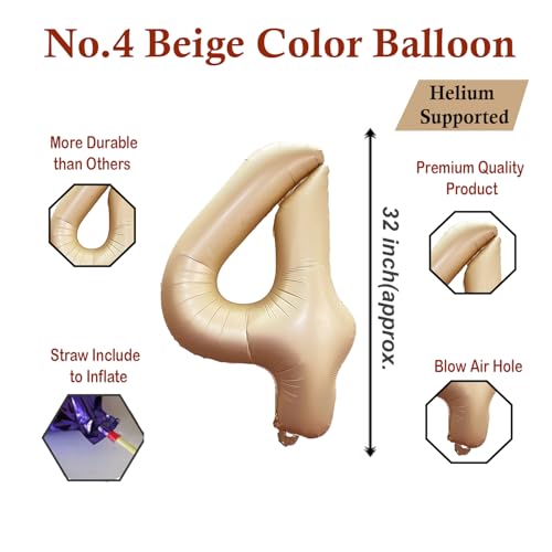 Image of Solid Beige 4 Number Foil Balloons 32 inch 4th Birthday Party Decoration Helium Supported