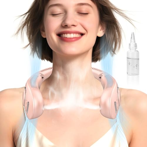 Image of Neck Fan that Blow Cold Air with Water Mist Spray, 4000mAh USB Rechargeable & LED Display, Foldaway Hands Free with Dual Controls, Personal Cooling Device for Mother's Day Father's Day Birthday, Pink