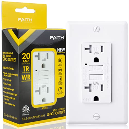 Faith 20A Outdoor GFCI Outlets, ETL Listed, Weather and Tamper-Resistant GFI Duplex Receptacles, Self-Test WR TR Ground Fault Circuit Interrupter with Wall Plate, White