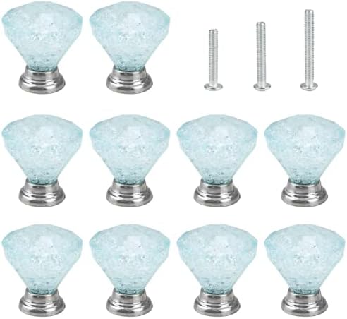 Heffchi 10 Pack Glass Cabinet Knobs, Blue Clear Crystal Drawer Pulls, Glass Knobs for Kitchen, Bedroom, Bathroom with 3 Size Screws