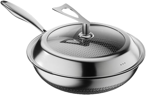 チタン合金フライパン ドイツ製ステンレスフライパン ノンスティックフライパン 深型 厚型フライパン 油煙が出ない 中華鍋 ハンドル付きガラス蓋 中華鍋 オール熱源対応 多用途 家庭用キッチン用品 (セクションA)