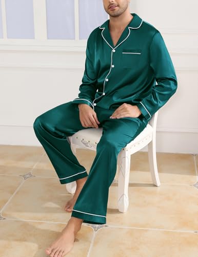 Image of Veseacky Mens Silk Satin Pajamas Set Short Sleeve Sleepwear Button-Down Pjs Sets Two-Pieces Loungewear with Pockets S-XXL