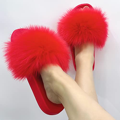 Women's Faux Fur Slides, Open Toe Cute Fur Slippers, Indoor or Outdoor Comfortable Furry Slide Sandals With Fluffy Fur2