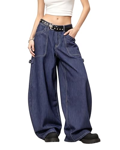 PEAINJ Baggy Barrel Jeans for Women Men Striped Wide Leg Jeans Pinstripe Loose Denim Pants Casual Vintage Clothes Blue3-M
