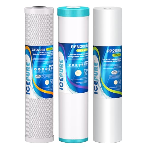Image of ICEPURE 3-Stage 4.5 inchx 20 inch Whole House Water Filter Replacement Kit, 5 Micron Sediment, Iron & Manganese Reduce, Carbon Block Cartridge Replacement for Any 20 Inch Water Filter