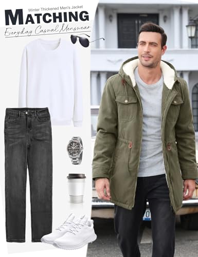 Vijamiy Parka Hombre Abrigo Invierno Con Forro Polar Chaqueta Cortaviento y Cálido con Capucha Largo Winter Jacket Chaqueta de Moda Pocket Coat(Verde militar,XXL) - imagen 7