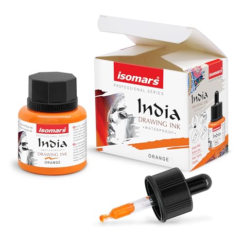 Image of Isomars Waterproof Drawing Ink with Dropper - 35ml | India Ink for Calligraphy, Art, Technical Drawing | Fade-Resistant & Quick-Drying (Orange)