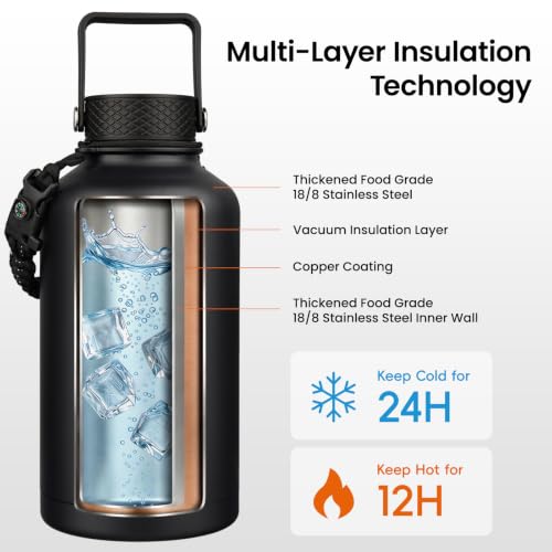 Image of Konokyo Half Gallon Insulated Water Bottle with Straw,64 oz 3 Lids Water Jug with Carrying Bag,Paracord Handle,Double Wall Vacuum Stainless Steel Metal Flask,Black