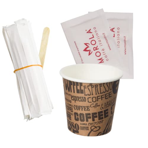 Morola Caffè Italiano - Kit Caffè 450pz in Carta - 150 Bicchierini da 75 ml in Carta - 150 Bustine di Zucchero Bianco - 150 Palette in Legno
